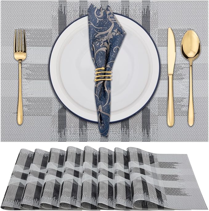 Winknowl Placemats Set of 8, Heat Resistant Stain Resistant Woven Vinyl Insulation Place mats, Durable Washable Elegant Table Mats for Kitchen Dining Table Decor (Geometric Gray)