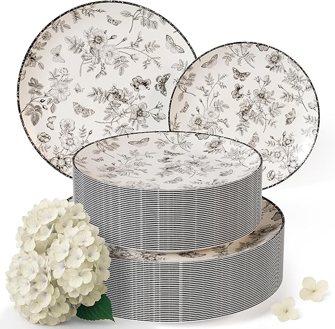 Trendables Disposable Plates For Party Supplies | Black Floral Plastic Plates For Wedding 80 Pcs - 40 X 8 & 40 X 10 Dinner Plate Sets | Floral Plate Set Disposable Plastic Dinnerware Sets