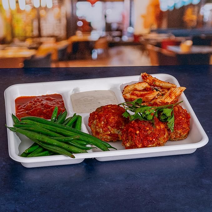 5 Compartment Plates, 100% Natural Disposable Biodegradable Plates, Lunch Trays for Cafeteria, Food, Meals, Dinner, Bulk, 10.35x8.35 Inch,125 Pack