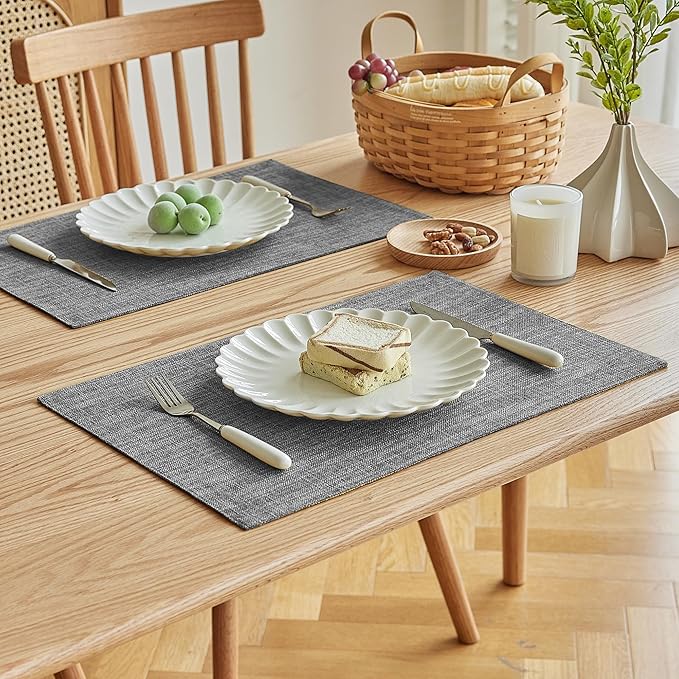 Softalker Faux Linen Placemats Set of 8-12 x 18 Inch, Heat Resistant Double Layered Durable Burlap Farmhouse Place Mats, Non-Slip Washable Rustic Table Mats for Dining, Kitchen, Party（Light Grey