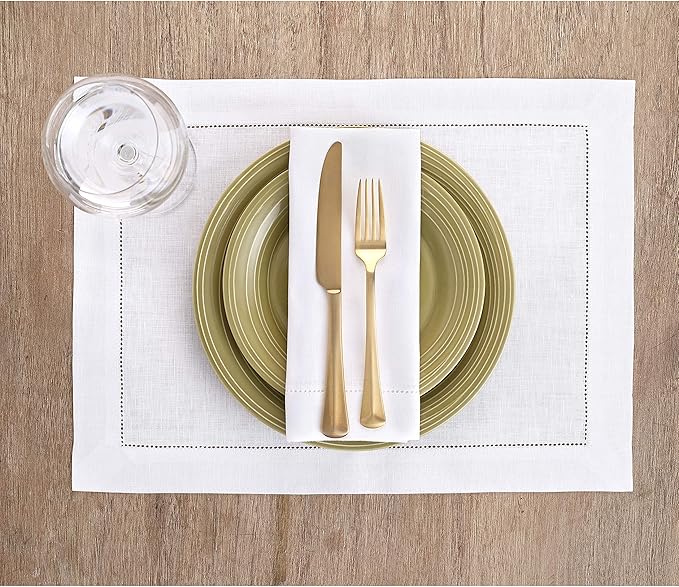 Solino Home Linen Placemats Set of 4 - Classic Hemstitch White Placemats 14 x 19 Inch - 100% Pure Linen Table Mats for Winter, Valentines, Spring, Easter