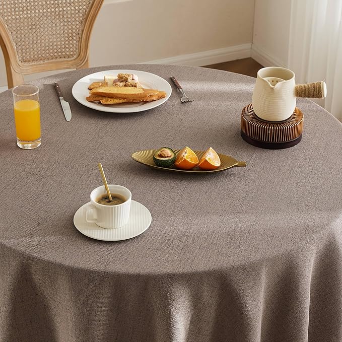 Linen Tablecloth with Tassels, Farmhouse Style Brown Tablecloth, Water Resistant Burlap Tablecloths for Round Table, 52Inch Round Cocoa Brown