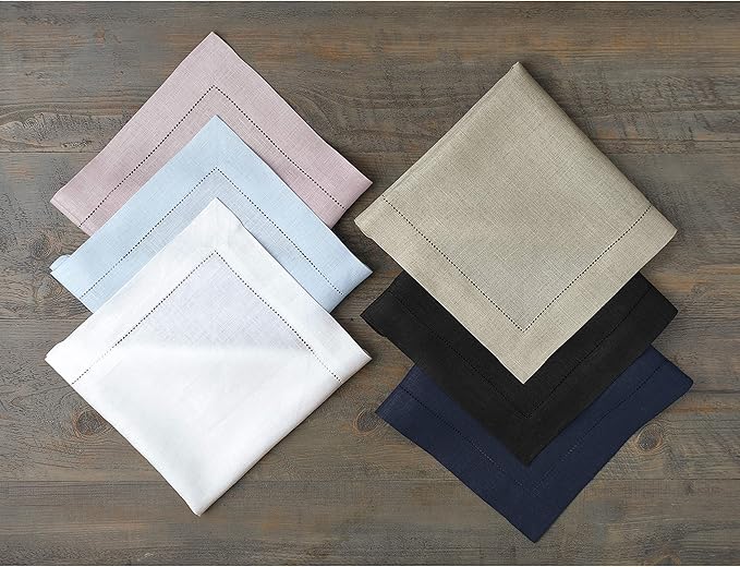 Solino Home Pink Linen Napkins Set of 6-100% Pure Linen Hemstitch Dinner Napkins 20 x 20 Inch for Valentines, Spring, Easter - Classic Hemstitch
