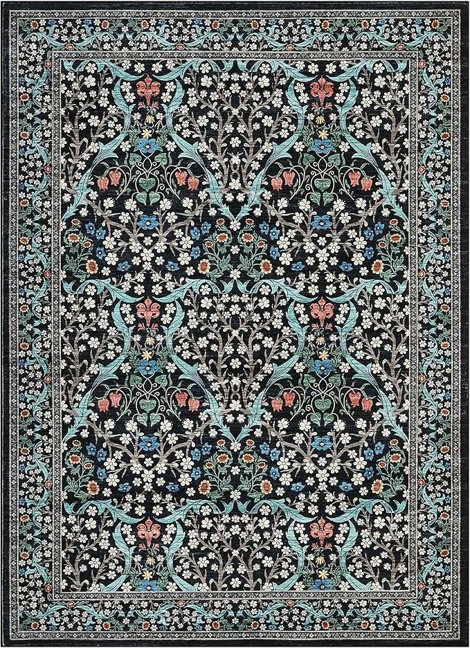 GarveeHome Floral Area Rugs 5x7, Washable Rug for Living Room, Bedroom, Low Pile Non Slip Stain Resistance Indoor Boho Carpet Mat for Farmhouse, Dining Room, Office, Black