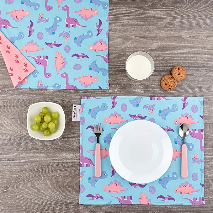 Funkins Reusable Cloth Placemats for Kids & Lunch Boxes | Reusable, Eco-Friendly | 15"x13", 2-ply, Thick, Absorbent, Machine Washable | Set of 2 Placemats (Pink Dinosours)