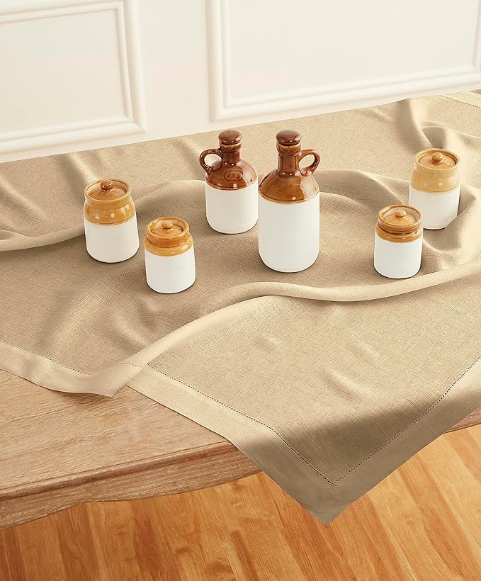 Solino Home Linen Square Tablecloth 52 x 52 Inch - 100% Pure Linen Beige Table Throw - Classic Hemstitch, Machine Washable Table Cloth for Spring, Easter