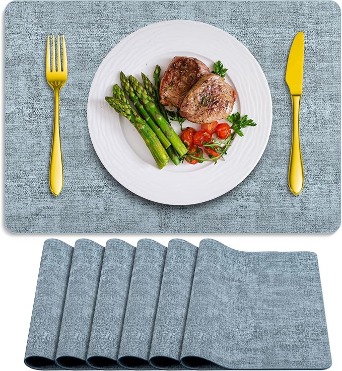 Placemats Set of 6 Washable, Heat Resistant Table Placemats Wipeable Faux Leather Place Mats Non Slip, Waterproof Square Table Mats for Indoor Outdoor, Light Blue