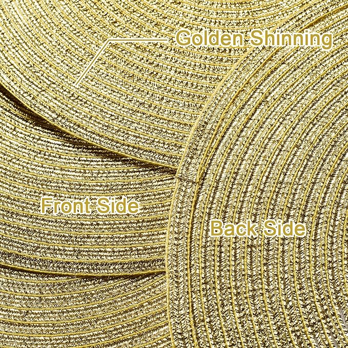 AHHFSMEI Round Braided Placemats 15 Inch Round Table Mats for Dining Tables Natural Woven Heat Resistant Place mats Set of 6 (Gold Shine)