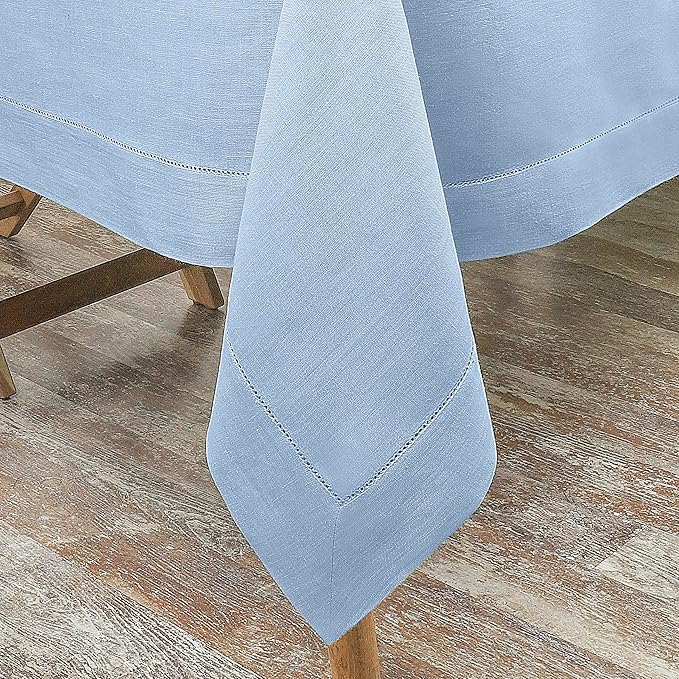 D'Moksha Homes Powder Blue Linen Tablecloth 60 x 120 Inch - 100% Pure Linen Hemstitch Tablecloth for Rectangle Tables - Classic Hemstitch, Machine Washable Table Cloth for Spring, Easter