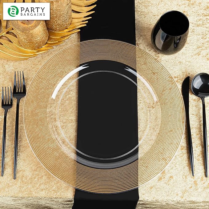PARTY BARGAINS 13-Inch Charger Plates - 48 Pack, Clear Gold Rope Textured Rim, Heavy-Duty Disposable Chargers for Elegant Dining - Ideal for Weddings and Formal Events