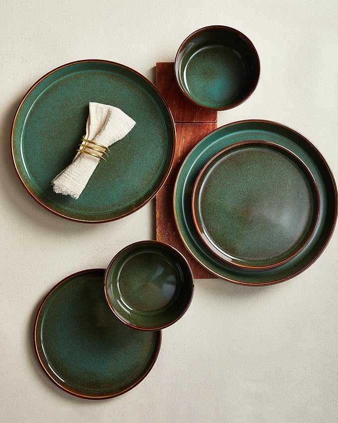Plates and Bowls Sets for 6, Ceramic Dinnerware Sets, Kitchen Dish Set, Microwave & Dishwasher Safe Dishware, Highly Durable Reactive Glazed Dinner Set, Brown Green