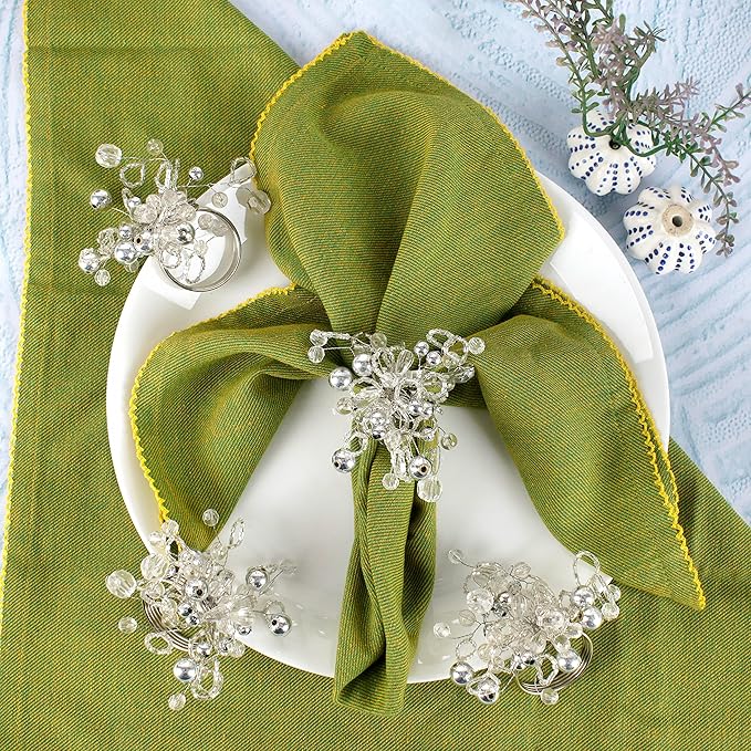 12 Pcs Decorative Beaded Napkin Rings - Elegant Napkin Ring Modern Cloth Napkin Holders for Table Kitchen Dinner Decor Party Wedding Special Occasion Everyday Use (Silver) - ALPHA Living HOME