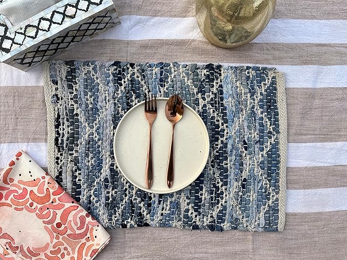 Perilla Home Natural Chindi Jute Placemats Set of 4 Vintage Boho 13x19 Inch Blue-Grey Rectangle Table Mats for Kitchen Dining Room Home Decor Banquets Family Gathering Rustic Placemat (Alexandria)