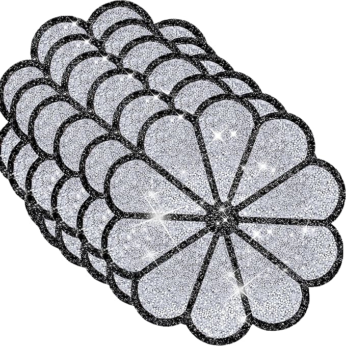 Washable Waterproof Diamond Circle Placemats for Round Tablescape Decor for Dinner and Kitchen Bling Placemats for Weddings & Special Events -6 PCS (Silver and Black)
