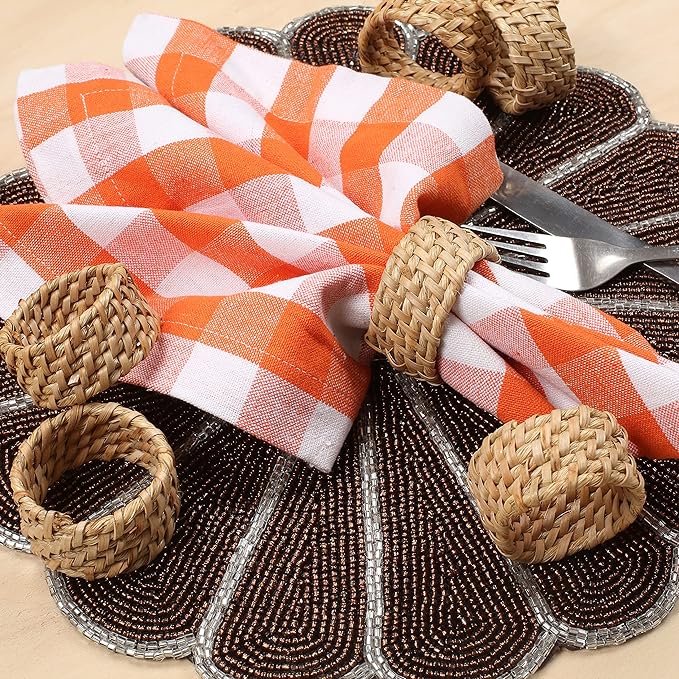 Napkin Rings Set of 12 - Handwoven Rustic Rattan Napkin Holders Table Decor for Dinners, Weddings, Holidays, Parties & Everyday Use - Natural Tan - Serviette Rings (Brown) - ALPHA Living HOME