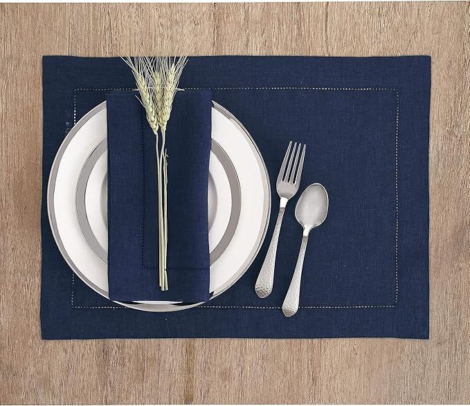 Solino Home Linen Cloth Placemats Set of 6-100% Pure Linen Hemstitch Navy Blue Placemats 14 x 19 Inch - Classic Hemstitch Table Place Mats for Winter, Easter