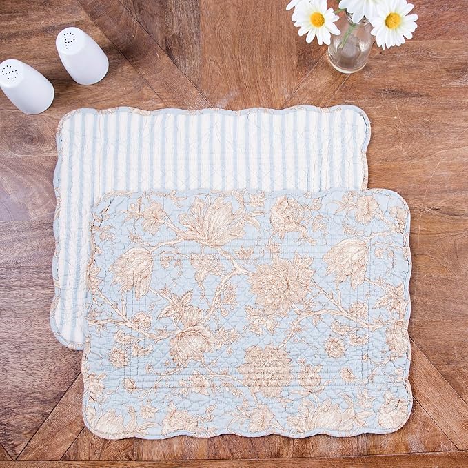 C&F Home Penelope Placemat Set of 6 Blue Cream White Floral Table Mat Rectangular 13 x 19 Quilted Reversible Washable Placemat Kitchen Dining Table Decor Decoration Rectangular Placemat Set of 6 Blue