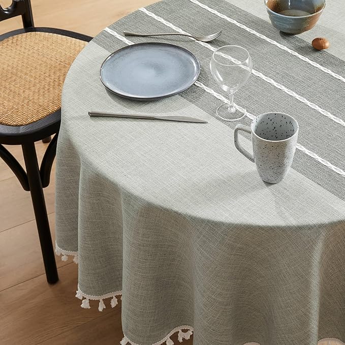 ZeeMart Contrast Linen Round Tablecloth 60 Inch Grey, Farmhouse Style Round Table Cloth Heavy Weight Grey Tablecloths, Water Resistant Burlap Table Cloths