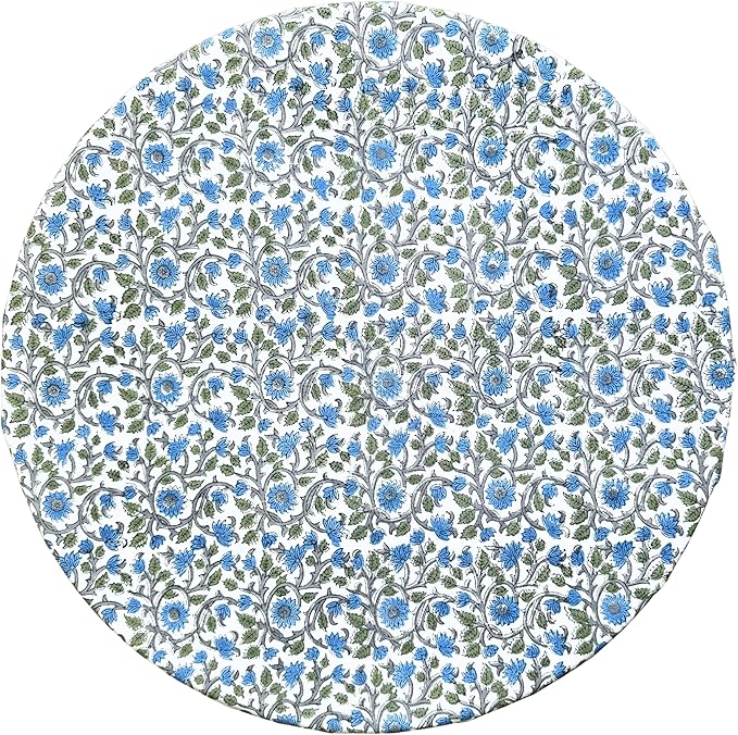ATOSII Lake Como 100% Cotton Summer Round Tablecloth, Block Print Table Cloth for Dining, Weddings, Outdoors, Parties I Grand Millenial Farmhouse Coastal Boho Home Decor 60" Inches