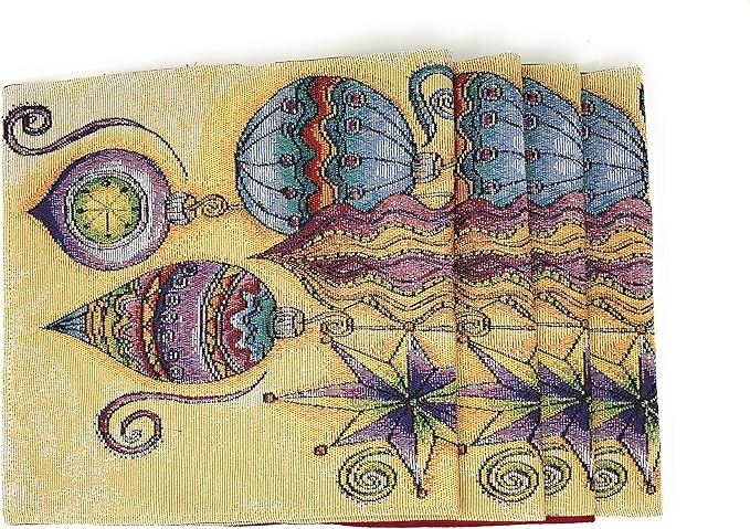 DaDa Bedding Bohemian Ornaments Tapestry Placemats - Set of 4 Festive Christmas Holiday Turkish Star Lights Lanterns - Needle Stitched Cotton Linen Woven Kitchen Dining Table Mats - 13” x 19” (14916)