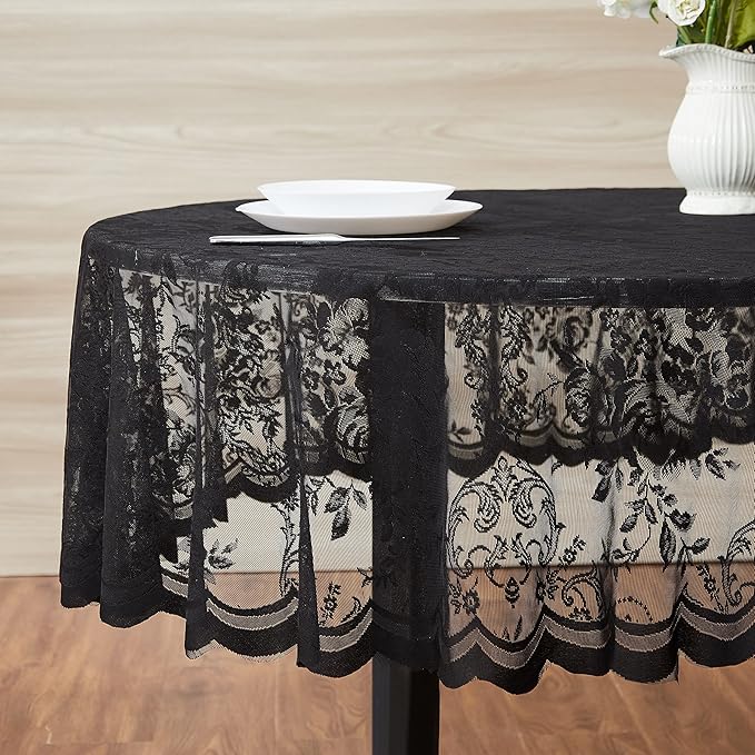 Warm Home Designs 120 Inch Round Tablecloth with English Rose Design. Use as Circle Tablecloth, Rustic or Elegant Lace Table Cloth. Black Table Cloth for 10-12 Guests. LTC Black 120
