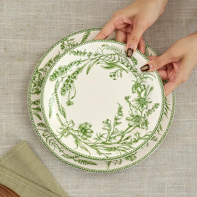 Bico Green Garden Toile De Jouy Salad Plates Set of 4, 8.75 Inch Ceramic Dessert Plates for Salad, Appetizer, Side Dishes, Microwave and Dishwasher Safe, Gift for Housewarming and Thanksgiving
