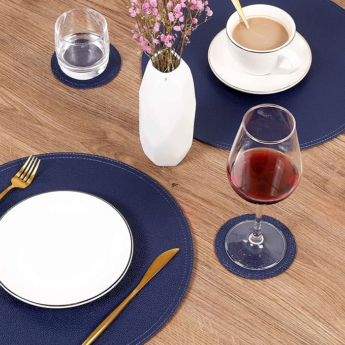 Set of 6 Faux Leather Round Placemats and Coasters, Coffee Mats Kitchen Table Mats, Waterproof, Easy to Clean for Kitchen Dining Round Table