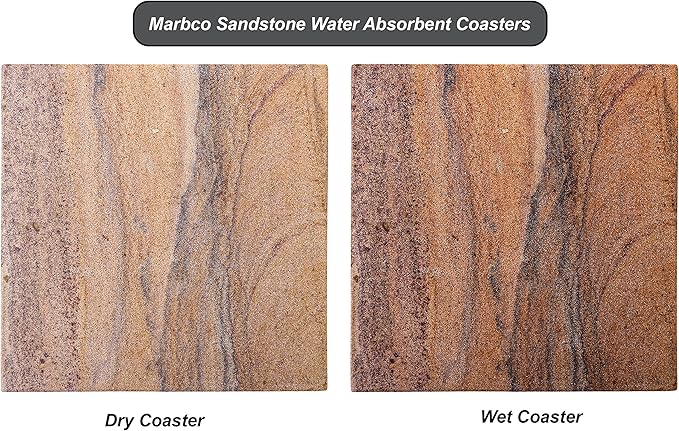 Sandstone Water Absorbent Hand Crafted Square Coasters for Drinks - 4 Inches Wide Thirsty Stone Bar/Drink Coasters- Made from Rainbow Sandstone (Set of 6 with Holder)