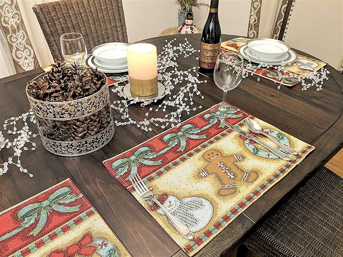 DaDa Bedding Gingerbread Snowman Sweets Placemats - Set of 4 Festive Christmas Wreath Holiday Tapestry - Cotton Linen Woven Dining Table Mats - 13” x 19” (12917)