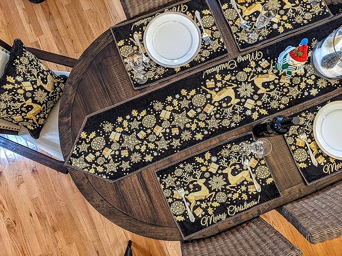 DaDa Bedding Set of 4-Pieces Magical Golden Reindeer Tapestry Placemats - Starry Winter Snowflake Festive Merry Christmas Holiday Yellow & Black - Needle Stitched Woven Table Mats - 13” x 19”