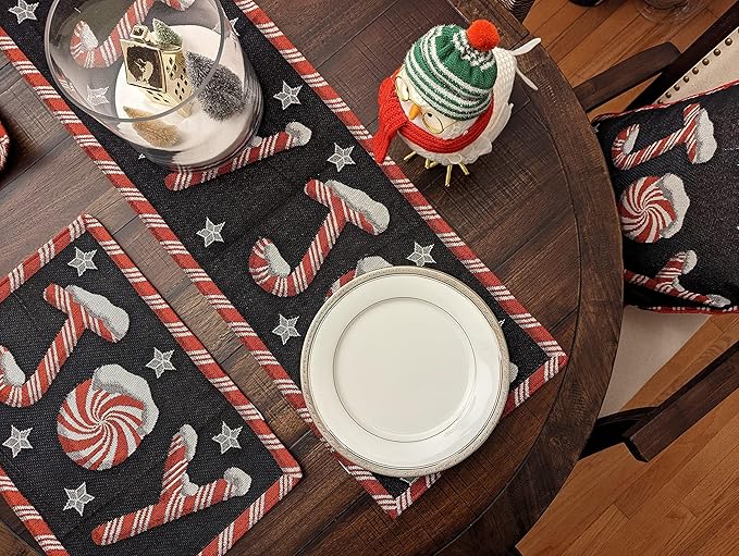 DaDa Bedding Starry Peppermint Joy Placemats - Set of 4 Festive Christmas Winter Holiday Tapestry - Red Black & White Cotton Linen Woven Yueltide Dining Table Mats - 13” x 19” (12904)