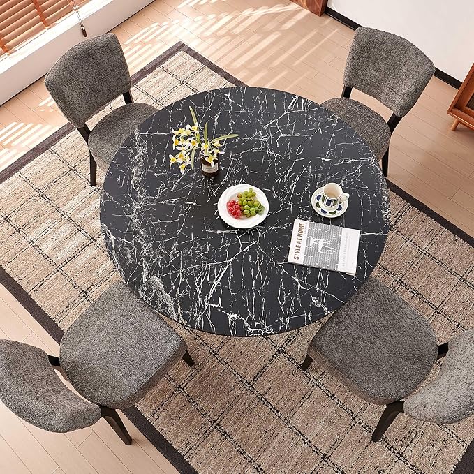 Howtek 5-Piece Modern Dining Room Set, 47" Faux Black Marble Round Dining Table with 4 Gray Space-Saving Upholstered Stackable Dining Chairs, Kitchen Table and Chairs Set for Home