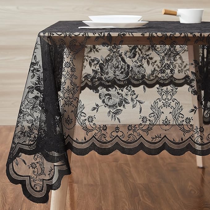Warm Home Designs 60 x 60 Square Tablecloth with English Rose Design. Use Lace Square Table Cloth as Lace Tablecloth for Card Table or Small Dining Table. Black Tablecloth for 4 Guests. LTC Black 60"