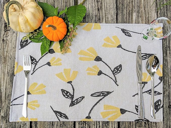 DaDa Bedding Yellow Fleur Floral Botanical Dining Table Placemats - Set of 4-Pieces Tapestry Spring Time Golden Orange Floral Garden Design - Decorative Cotton Linen Woven Kitchen Mats - 13” x 19”