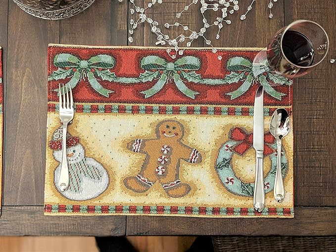 DaDa Bedding Gingerbread Snowman Sweets Placemats - Set of 4 Festive Christmas Wreath Holiday Tapestry - Cotton Linen Woven Dining Table Mats - 13” x 19” (12917)