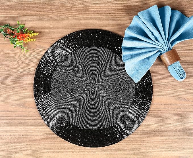 Lightnpro Round Black Beaded Placemats Set of 4 - Handcrafted Decorative Table Chargers - Elegant Farmhouse Table Mats for Dining, Holiday Dinner, Parties, Wedding & Home Décor - 13 Inch Black