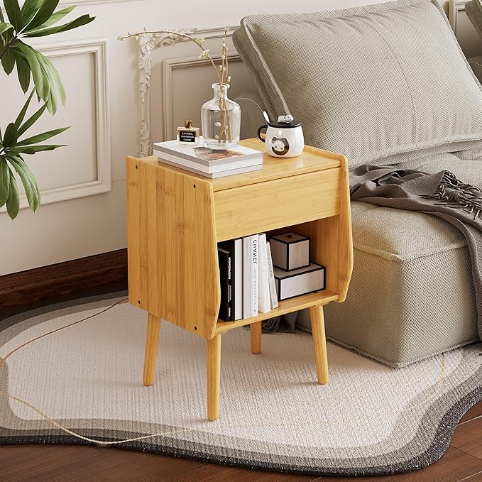 ZIYOO Nightstand with Drawer Open Shelf, Mid Century Modern Bedside Table, Small End Table for Living Room&Small Spaces, Bedroom, Natural Bamboo