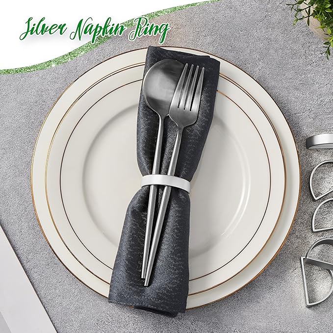 APTWOW Silver Napkin Rings Set of 12, Semicircle Metal Silver Napkin Holder Buckles, Fall Thanksgiving Christmas Napkin Rings for Dinner Table Decor, Wedding, Banquet, Party