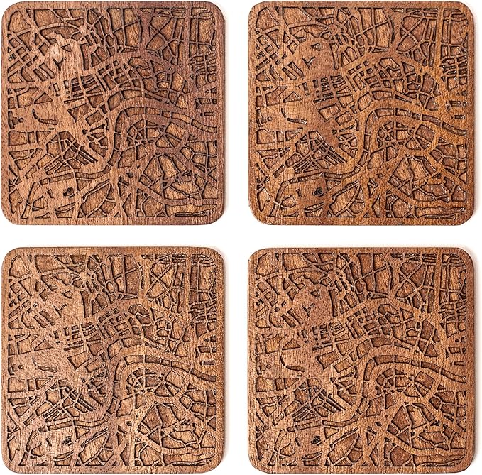 London Map Coaster by O3 Design Studio, Set Of 4, Sapele Wooden Coaster With City Map, Handmade