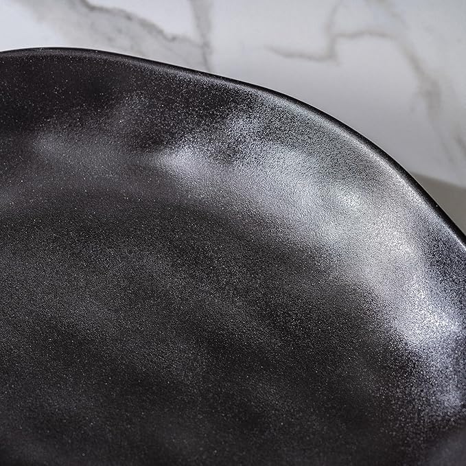 Ceramic Bowls Set of 2, Handcrafted Ceramic Plates Set | 10" Oval Serving Dishes Bowls | Large Serving Bowl Wide Shallow Bowl for Pasta, Salad, Cereal, Soup & Microwave & Dishwasher Safe, Matte Black