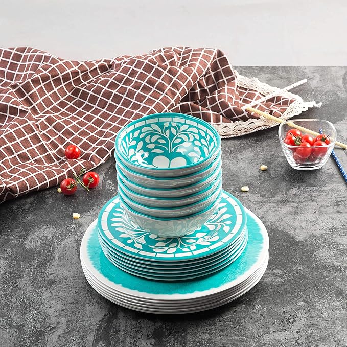 Melamine Dinnerware Sets -12 Piece Plates and Bowls Set for Indoor and Outdoor Use, Lightweight,Teal color,Green
