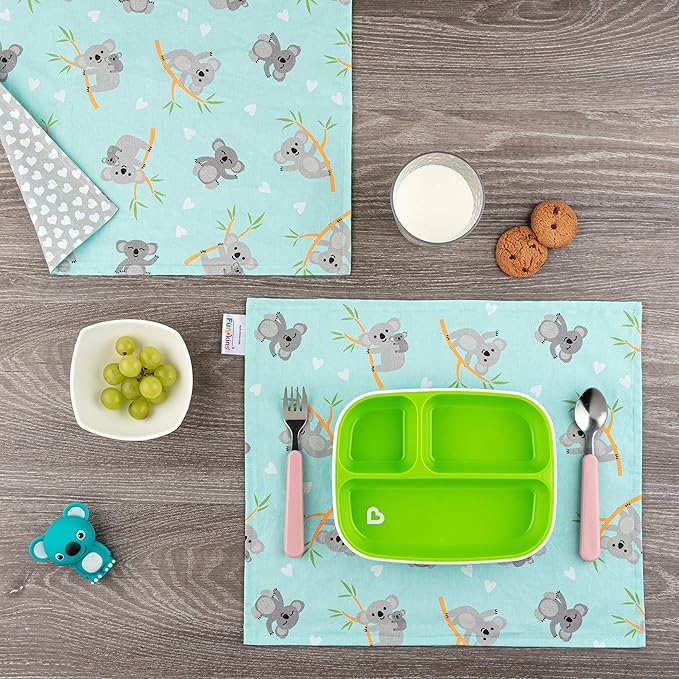 Funkins Reusable Cloth Placemats for Kids & Lunch Boxes | Reusable, Eco-Friendly | 15"x13", 2-ply, Thick, Absorbent, Machine Washable | Set of 2 Placemats (Koalas)