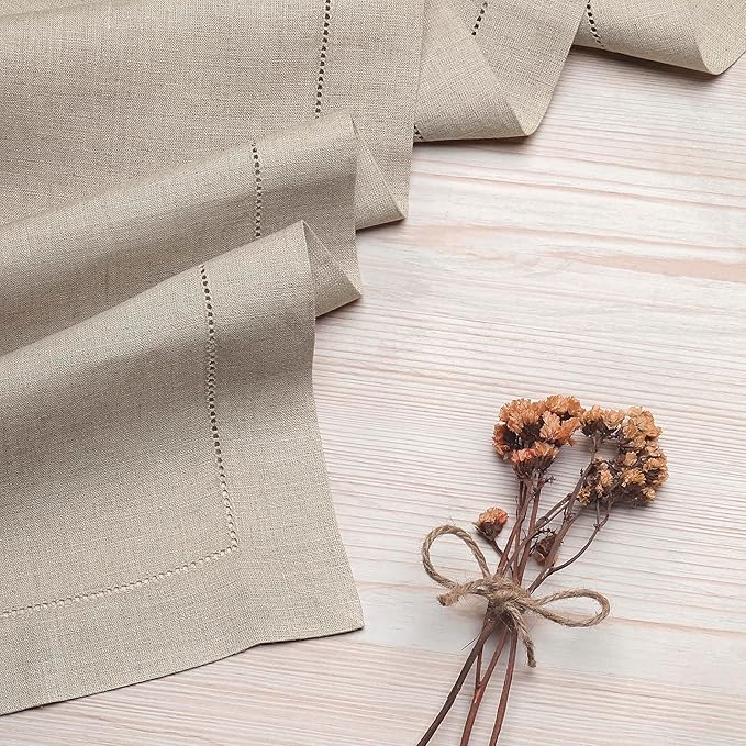 D'Moksha Homes Linen Natural Table Runner 36 Inches - 100% Pure Linen Small Table Runner 14 x 36 Inch Ideal for Dresser, Coffee Tables, Valentines, Spring, Easter - Classic Hemstitch
