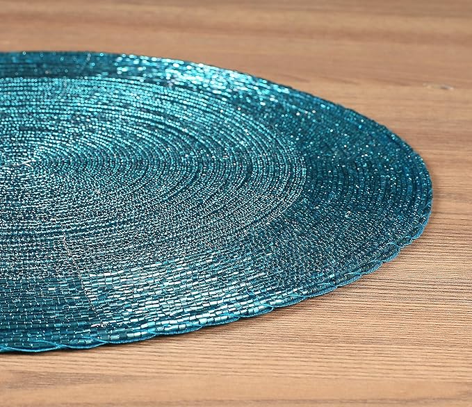 Lightnpro Beaded Placemats Set of 4 - Round Handmade Farmhouse Table Chargers - Decorative Glitz Placemats for Dining Table, Holiday Parties, Wedding, Kitchen & Event Décor - 13 Inch Teal
