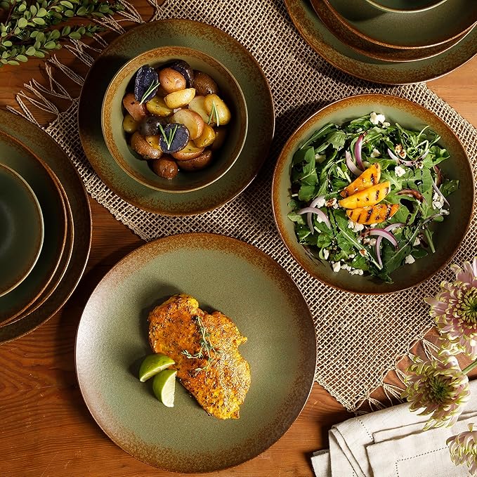 Bloomhouse - Two Time Oprah's Favorite Things Winner - Palermo Sun Double Bowl Stoneware Reactive Glaze Plates and Bowls Dinnerware Set - Cardamom Green, Service for Four (16pcs)