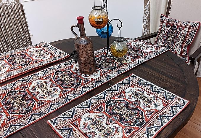 DaDa Bedding Majestic Red Kilim Rug Dining Table Placemats - Set of 4-Pieces Tapestry Cotton Kitchen Mats Royal Persian Tradtional Design - Elegant Intricate Multi-Colorful Floral Ornate - 13” x 19”