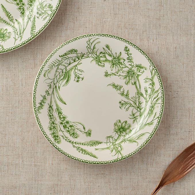 Bico Green Garden Toile De Jouy Salad Plates Set of 4, 8.75 Inch Ceramic Dessert Plates for Salad, Appetizer, Side Dishes, Microwave and Dishwasher Safe, Gift for Housewarming and Thanksgiving
