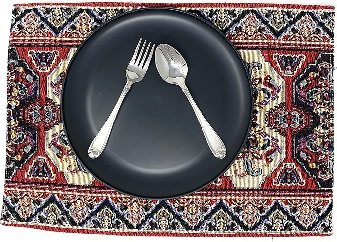DaDa Bedding Majestic Red Kilim Rug Dining Table Placemats - Set of 4-Pieces Tapestry Cotton Kitchen Mats Royal Persian Tradtional Design - Elegant Intricate Multi-Colorful Floral Ornate - 13” x 19”