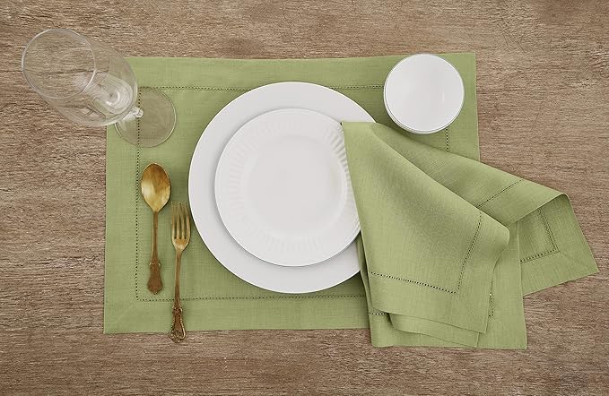 Solino Home Linen Placemats Set of 4 - Classic Hemstitch Moss Green Placemats 14 x 19 Inch - 100% Pure Linen Table Mats for Winter, Spring, Easter, St Patricks Day