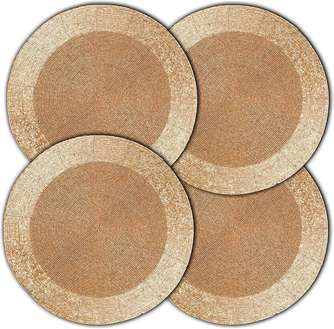 Lightnpro Handmade Beaded Placemats Set of 4 - Round Charger Mats - Farmhouse Style Table Decor for Dining, Wedding, Holiday, and Special Occasions - Elegant Glitz Table Setting - 13 Inch Gold